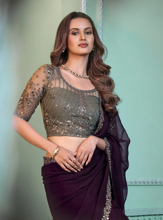 Wine Chiffon Party Wear Saree With Sequence & Thread Embroidery Work
