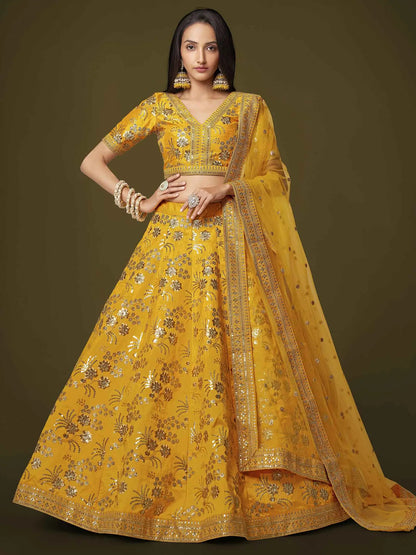 Yellow Silk Lehenga With Zari Sequins And Dori Embroidery Work