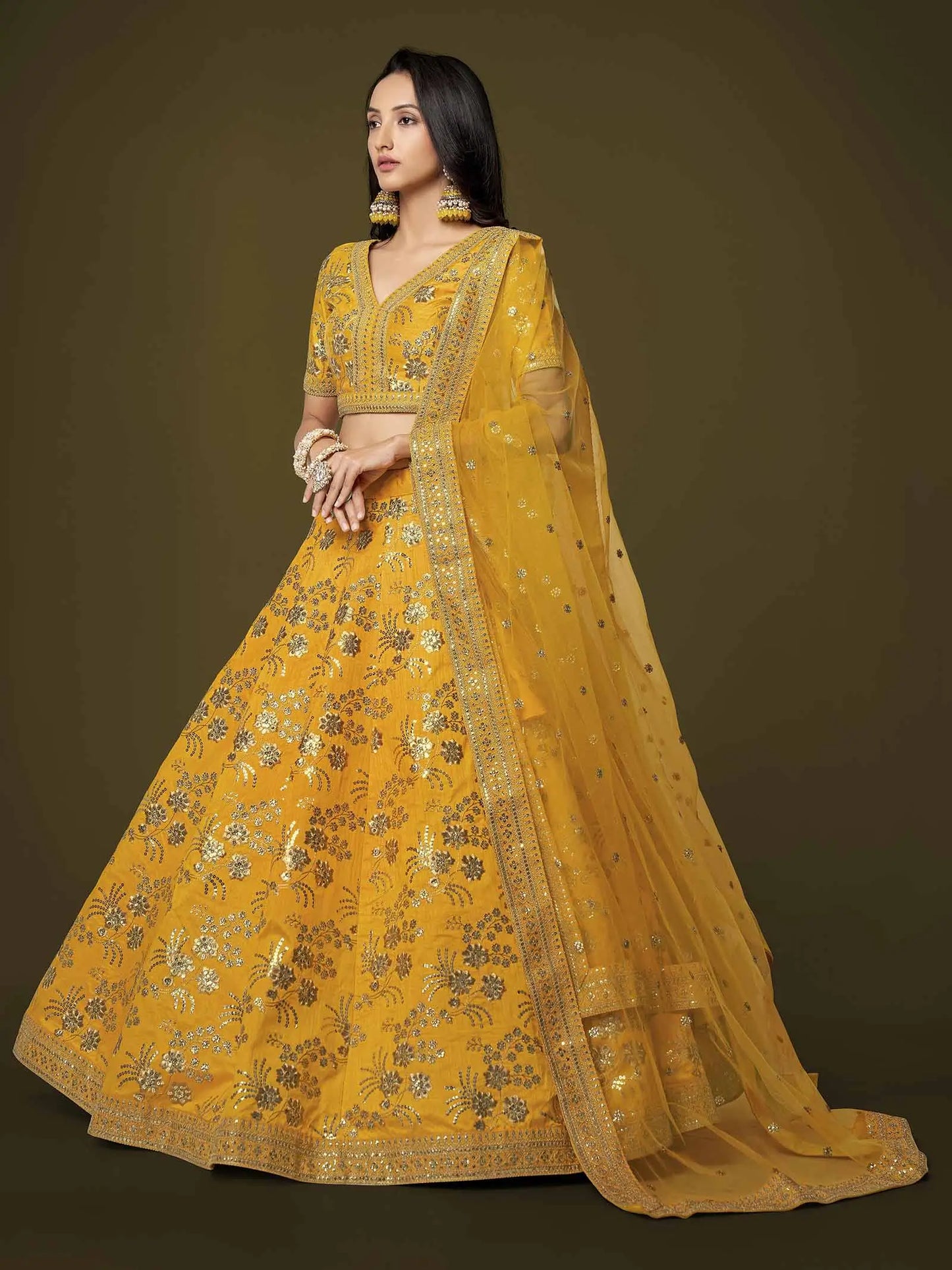 Yellow Silk Lehenga With Zari Sequins And Dori Embroidery Work