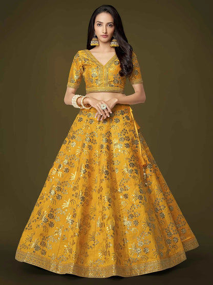 Yellow Silk Lehenga With Zari Sequins And Dori Embroidery Work