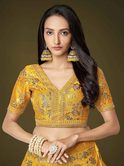 Yellow Silk Lehenga With Zari Sequins And Dori Embroidery Work