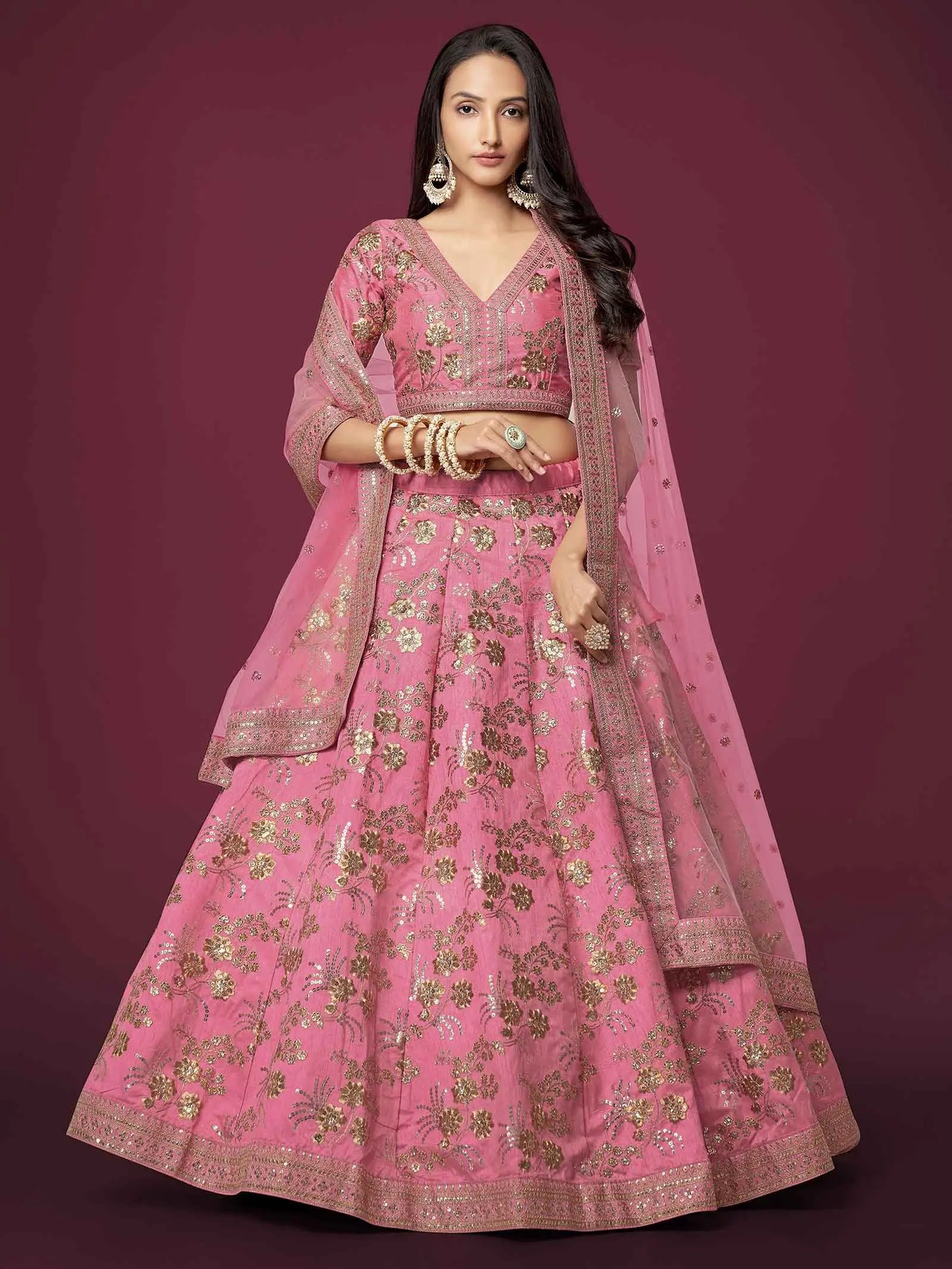 Peach Silk Lehenga With Zari Sequins And Dori Embroidery Work