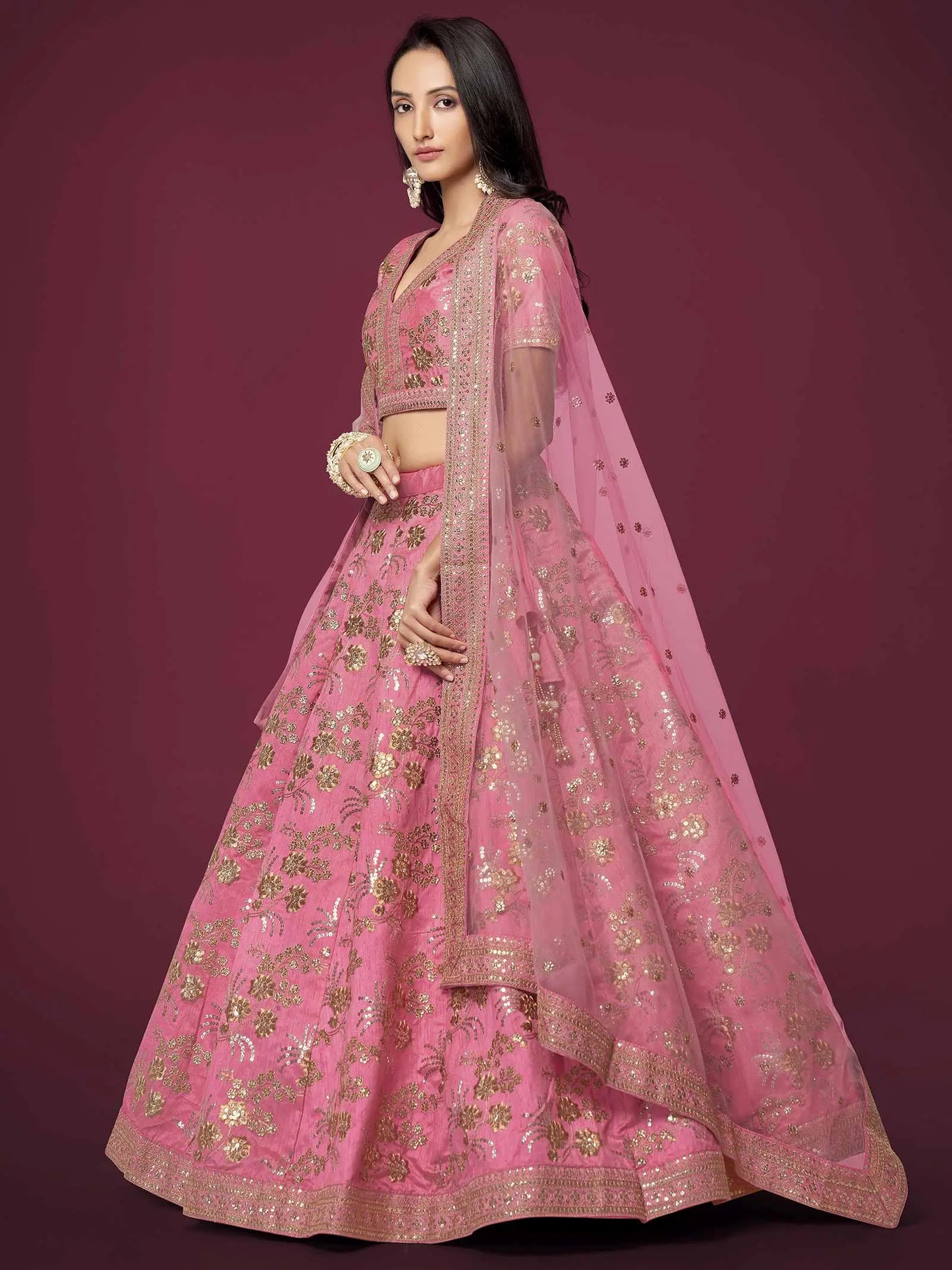 Peach Silk Lehenga With Zari Sequins And Dori Embroidery Work