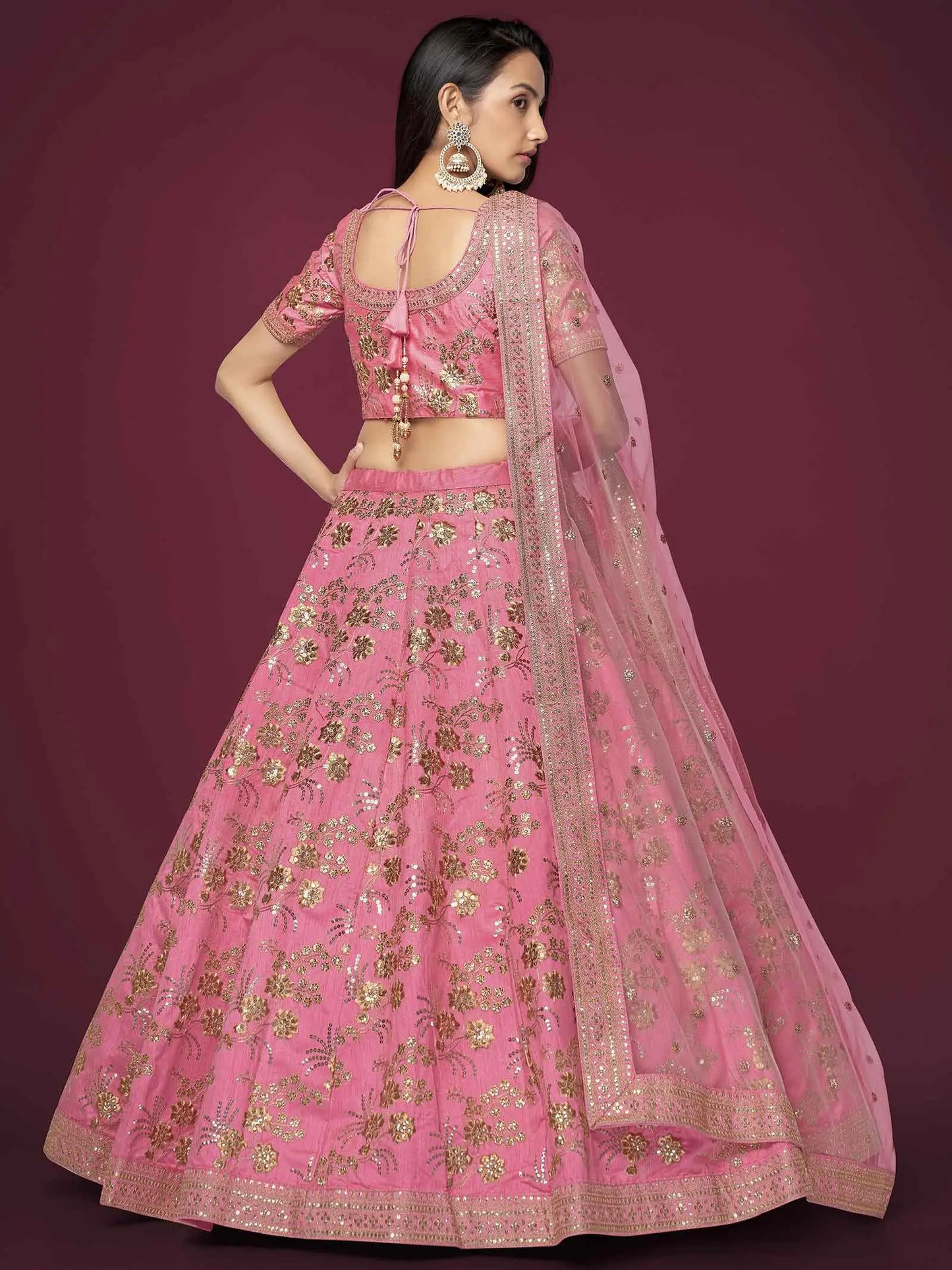 Peach Silk Lehenga With Zari Sequins And Dori Embroidery Work