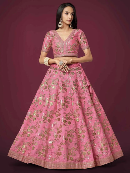 Peach Silk Lehenga With Zari Sequins And Dori Embroidery Work