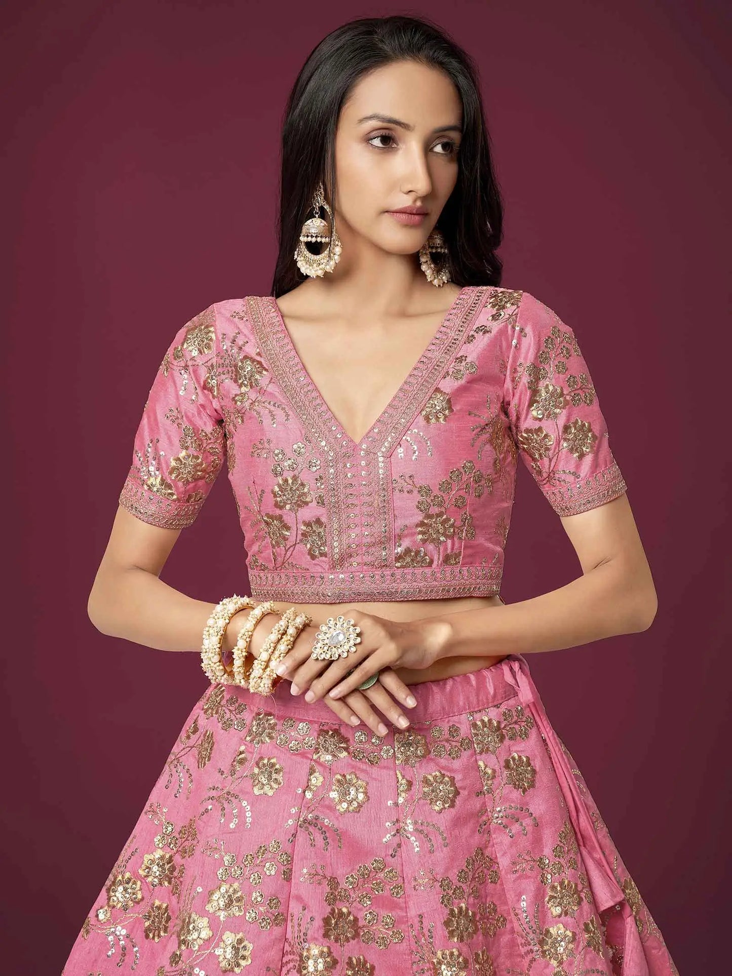 Peach Silk Lehenga With Zari Sequins And Dori Embroidery Work