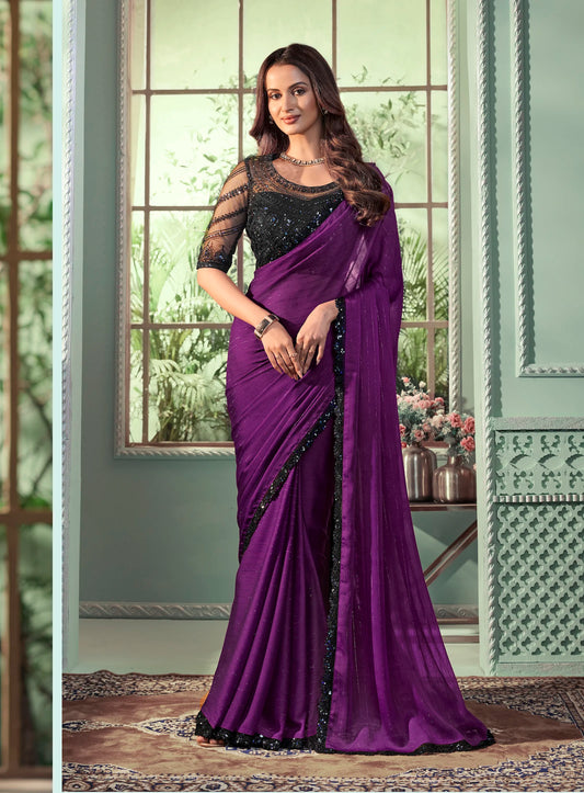 Purple Georgette Silk Party Wear Saree With Sequence & Thread Embroidery Work
