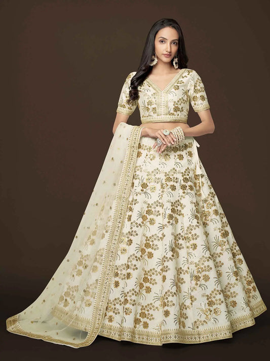 White Silk Lehenga With Zari Sequins And Dori Embroidery Work