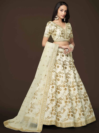 White Silk Lehenga With Zari Sequins And Dori Embroidery Work