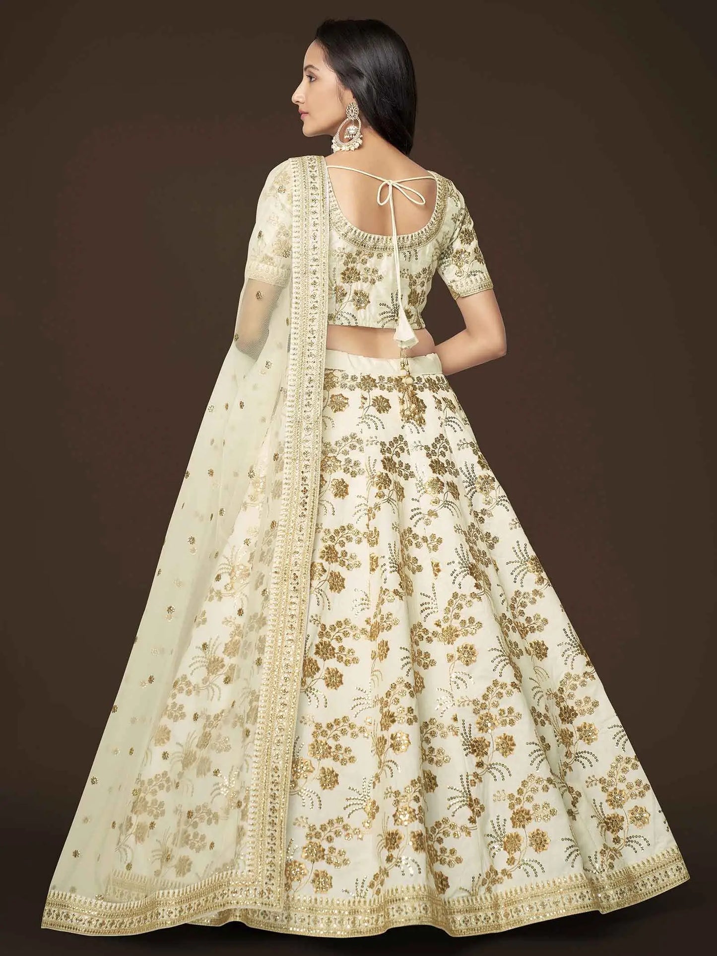 White Silk Lehenga With Zari Sequins And Dori Embroidery Work