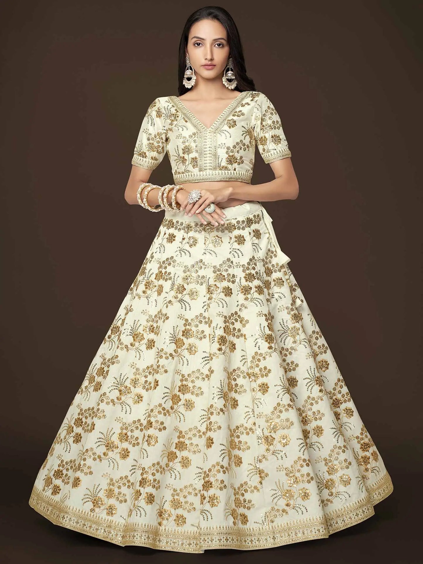 White Silk Lehenga With Zari Sequins And Dori Embroidery Work