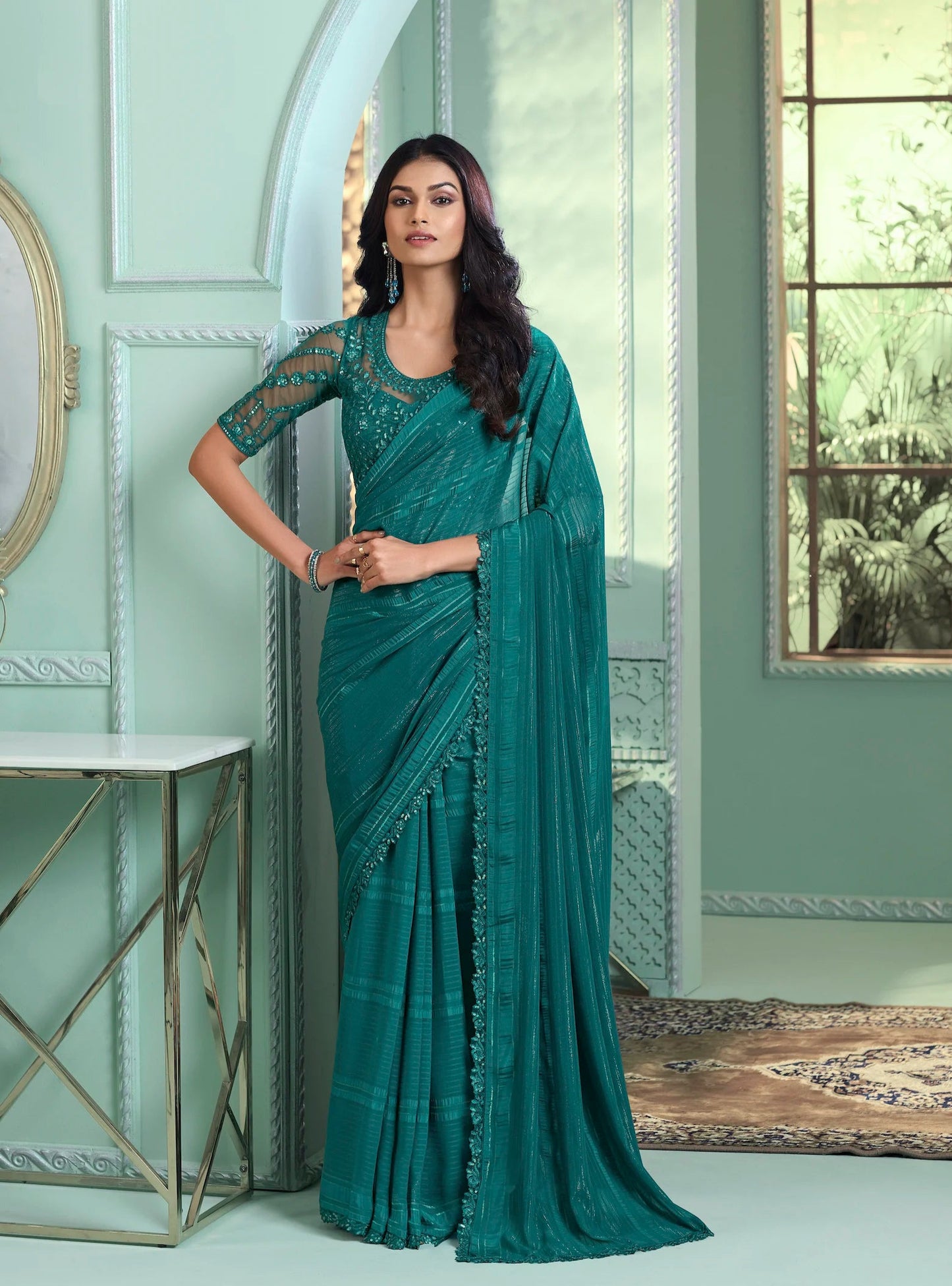 Teal Green Rainbow Chiffon Party Wear Saree With Sequence & Thread Embroidery Work