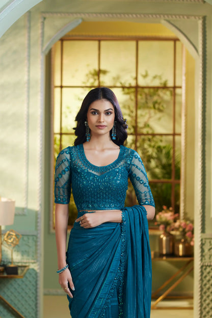Teal Green Rainbow Chiffon Party Wear Saree With Sequence & Thread Embroidery Work