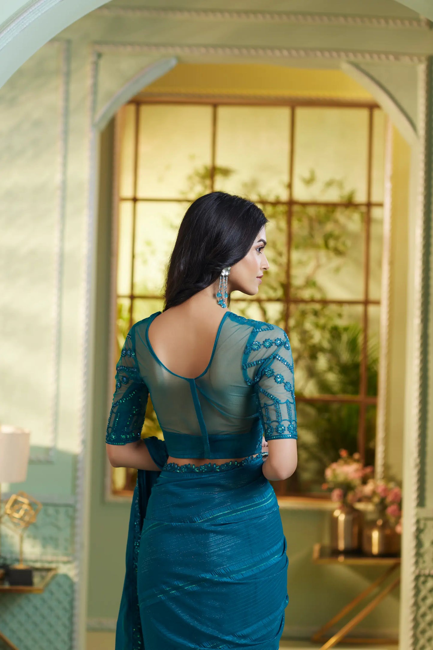 Teal Green Rainbow Chiffon Party Wear Saree With Sequence & Thread Embroidery Work