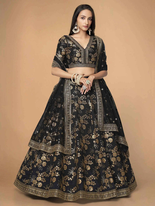 Black Silk Lehenga With Zari Sequins And Dori Embroidery Work