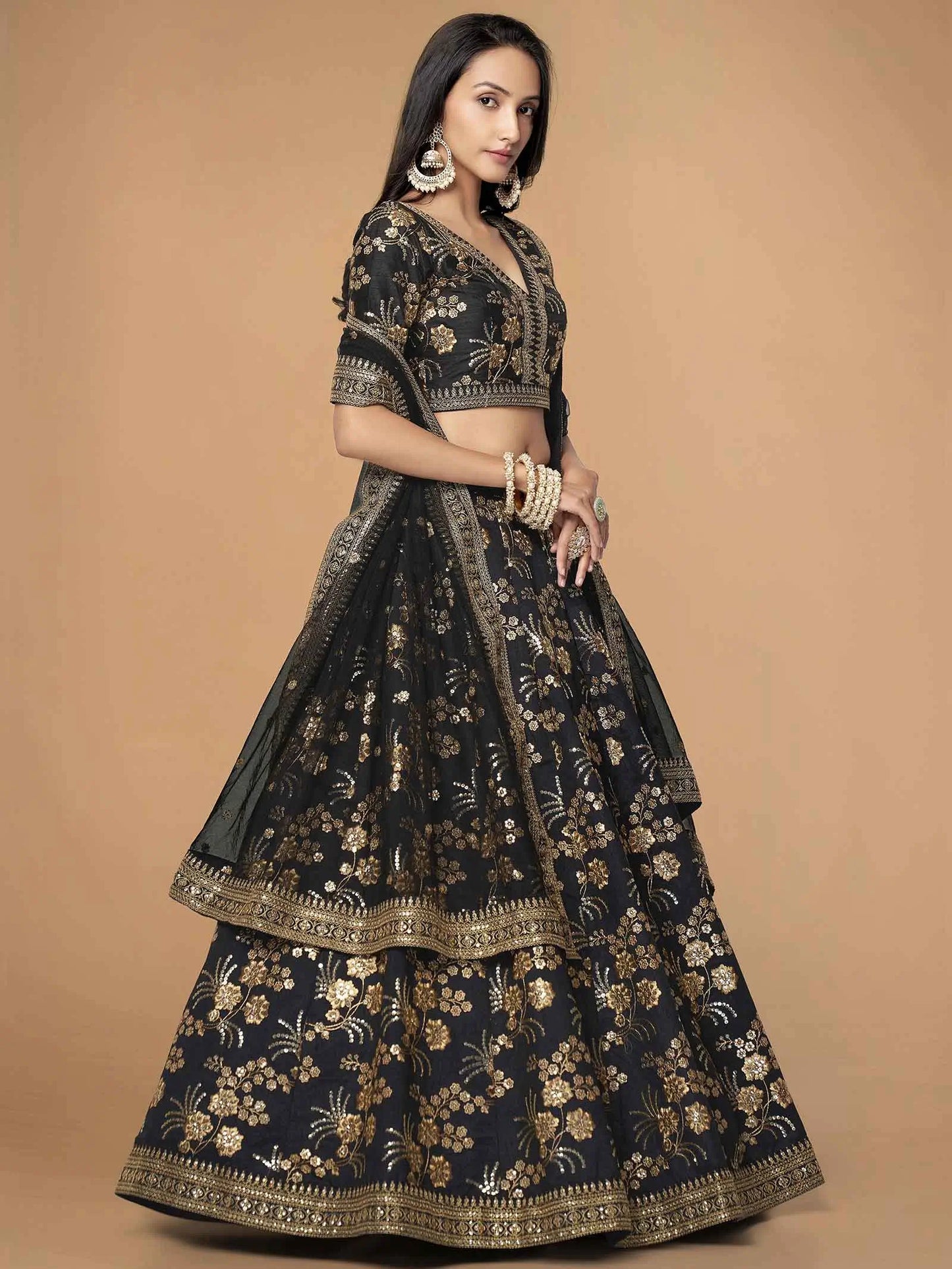 Black Silk Lehenga With Zari Sequins And Dori Embroidery Work