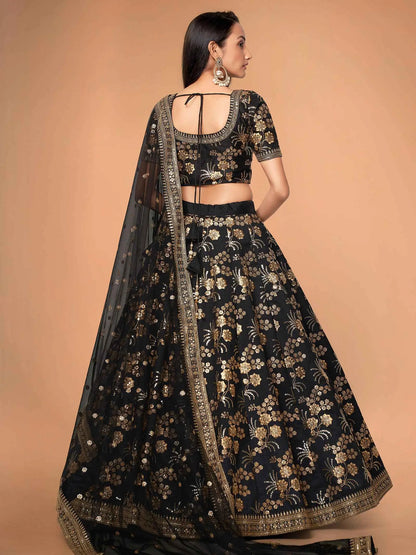 Black Silk Lehenga With Zari Sequins And Dori Embroidery Work