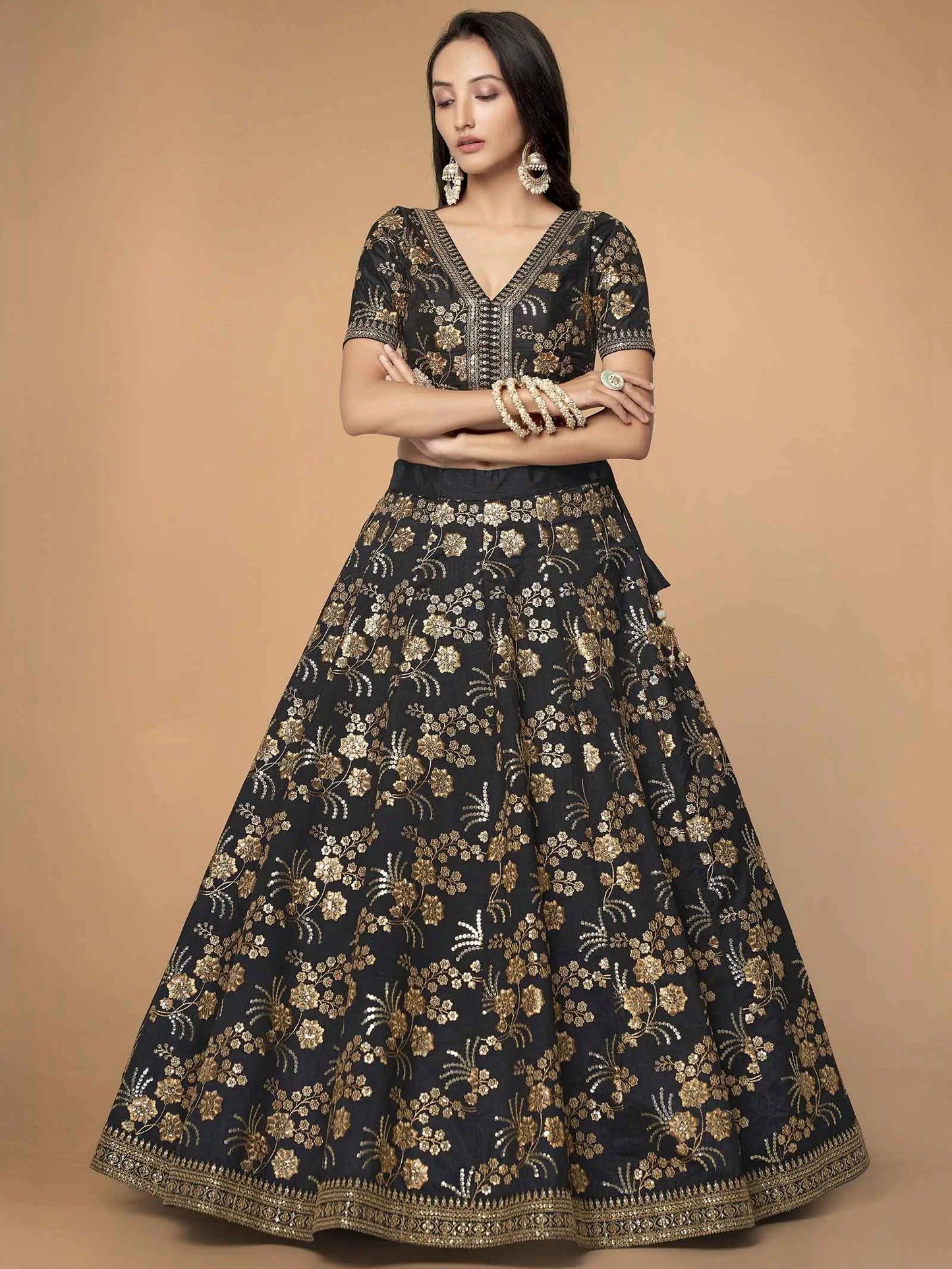 Black Silk Lehenga With Zari Sequins And Dori Embroidery Work