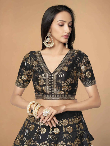 Black Silk Lehenga With Zari Sequins And Dori Embroidery Work