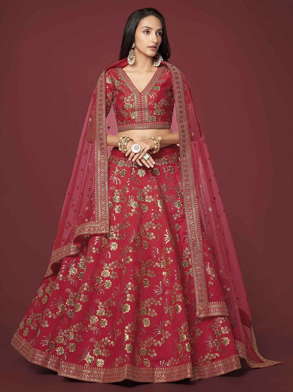 Red Silk Lehenga With Zari Sequins And Dori Embroidery Work