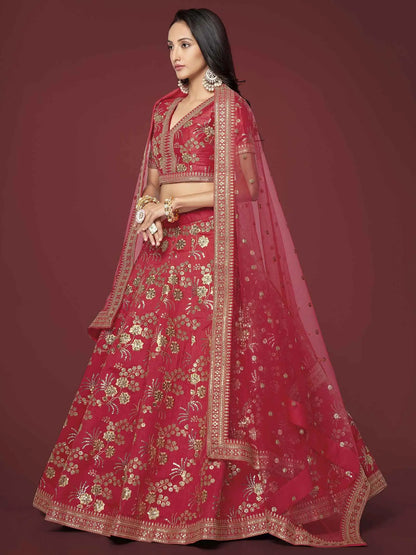 Red Silk Lehenga With Zari Sequins And Dori Embroidery Work