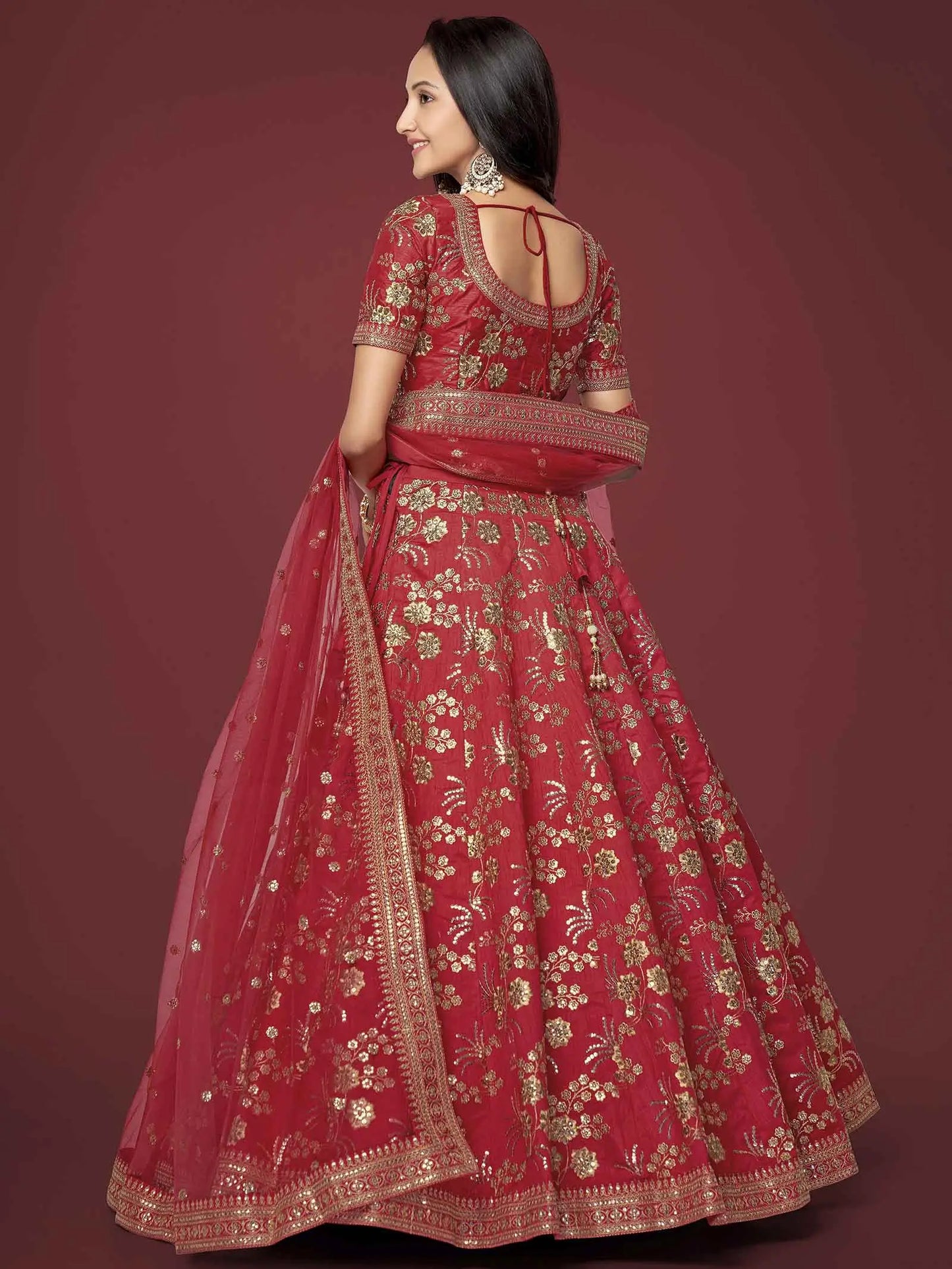 Red Silk Lehenga With Zari Sequins And Dori Embroidery Work