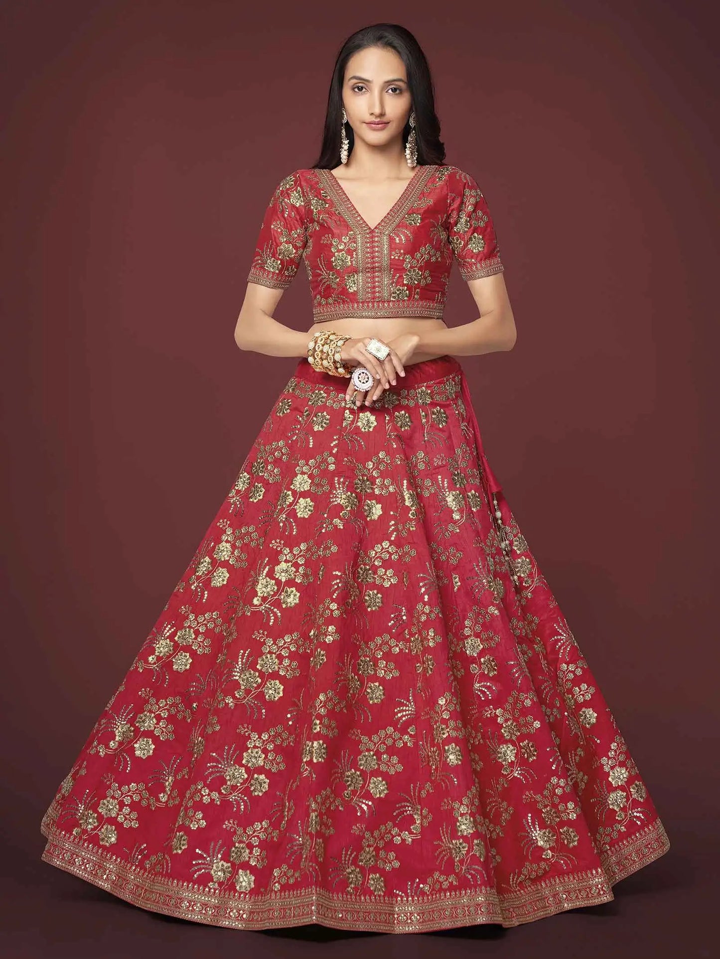 Red Silk Lehenga With Zari Sequins And Dori Embroidery Work