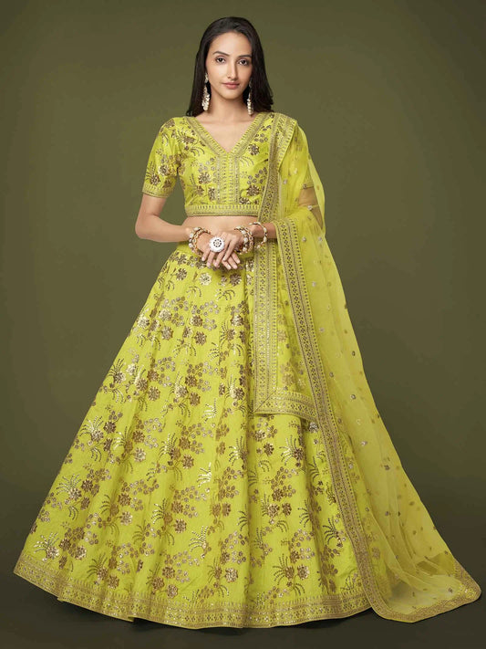 Neon Silk Lehenga With Zari Sequins And Dori Embroidery Work