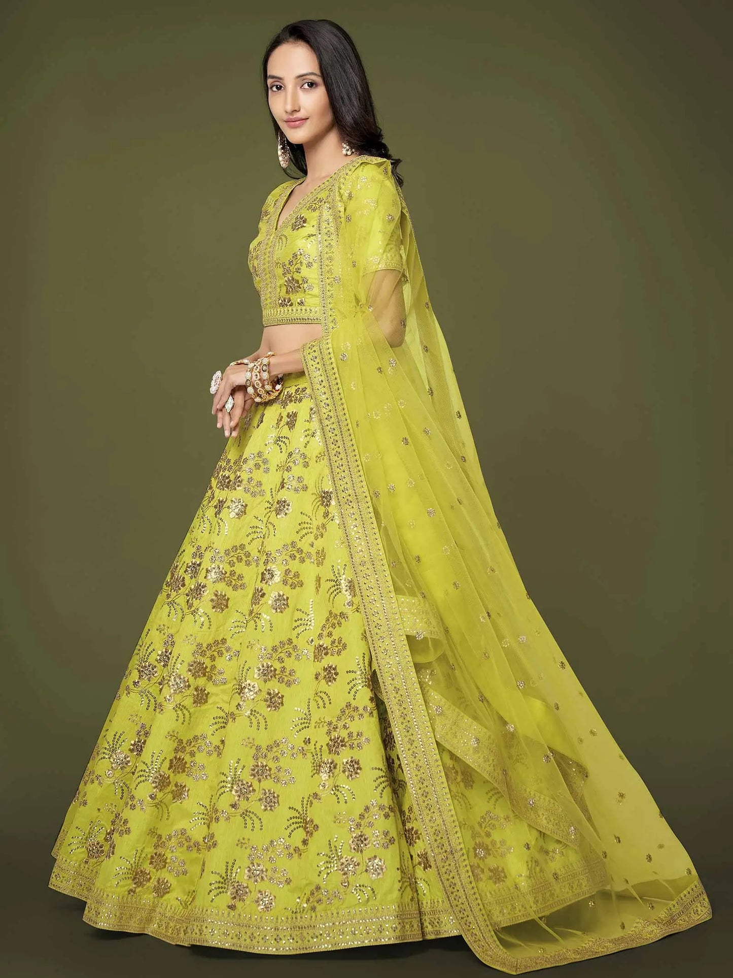 Neon Silk Lehenga With Zari Sequins And Dori Embroidery Work