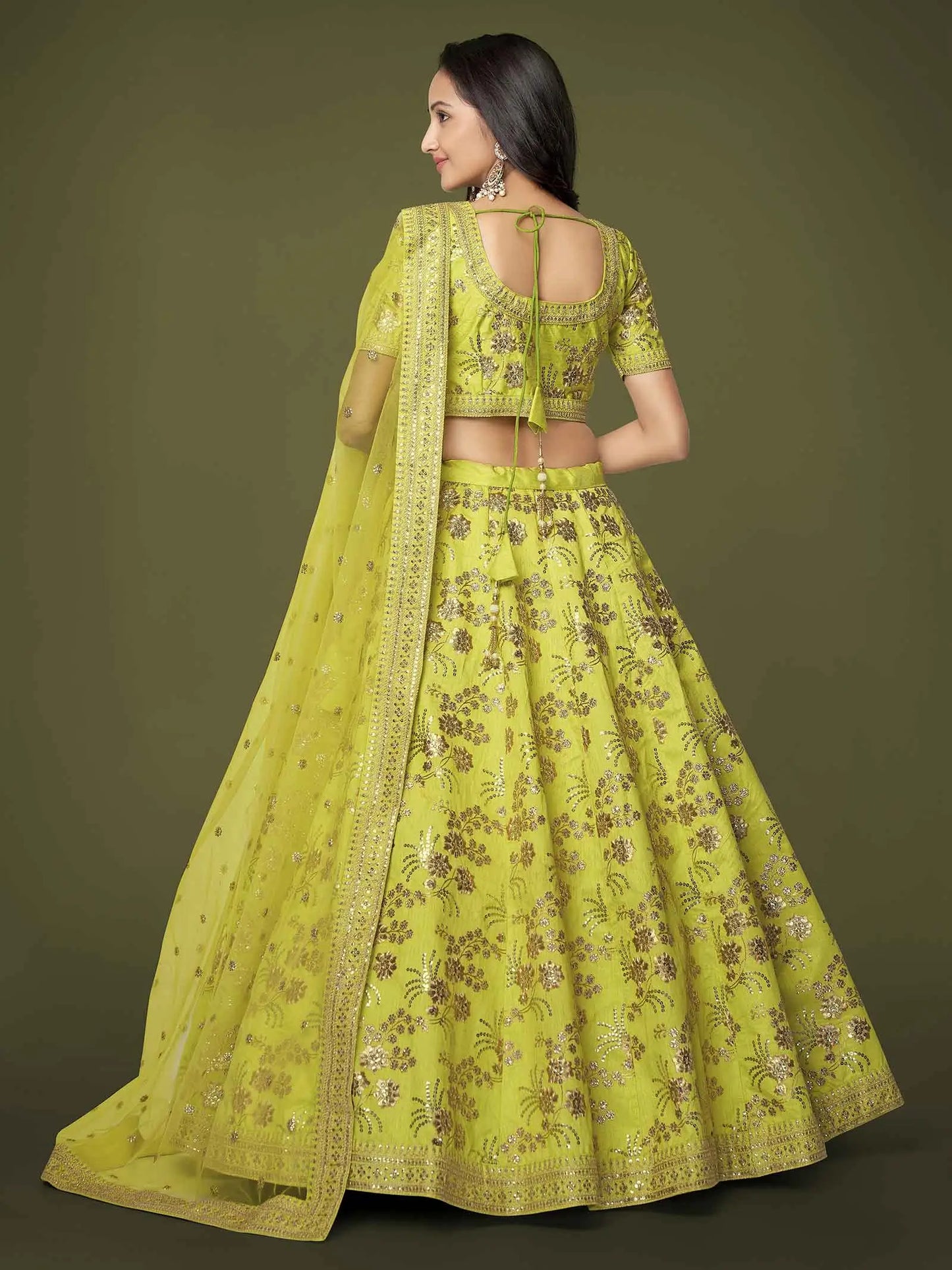 Neon Silk Lehenga With Zari Sequins And Dori Embroidery Work