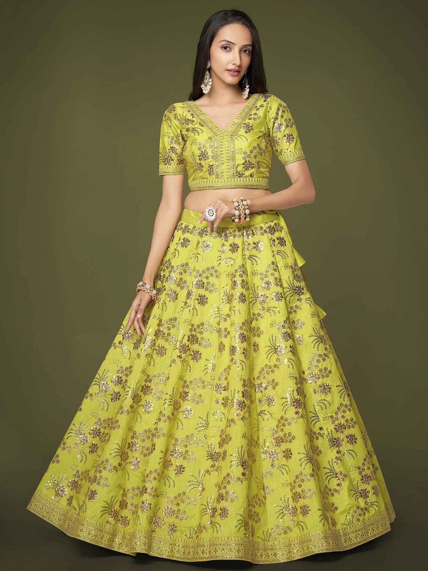 Neon Silk Lehenga With Zari Sequins And Dori Embroidery Work