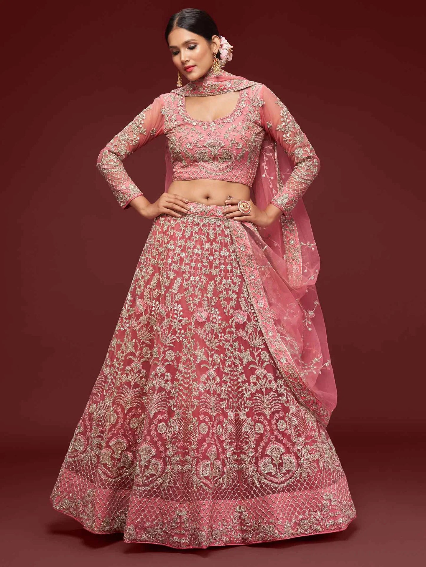 Fantasy Rose Soft Net Lehenga With Thread Zari Badla And Glitter Dori Embroidery Work