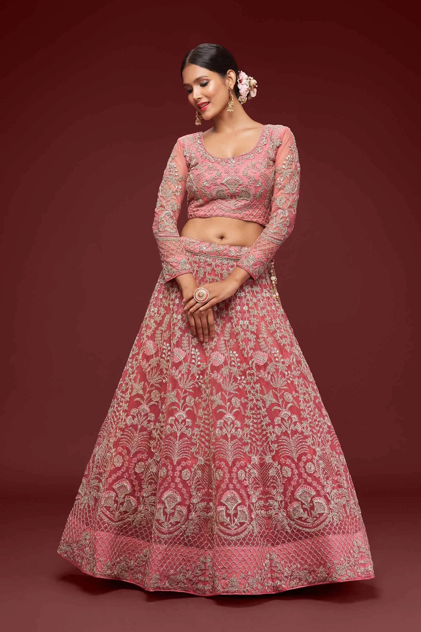 Fantasy Rose Soft Net Lehenga With Thread Zari Badla And Glitter Dori Embroidery Work