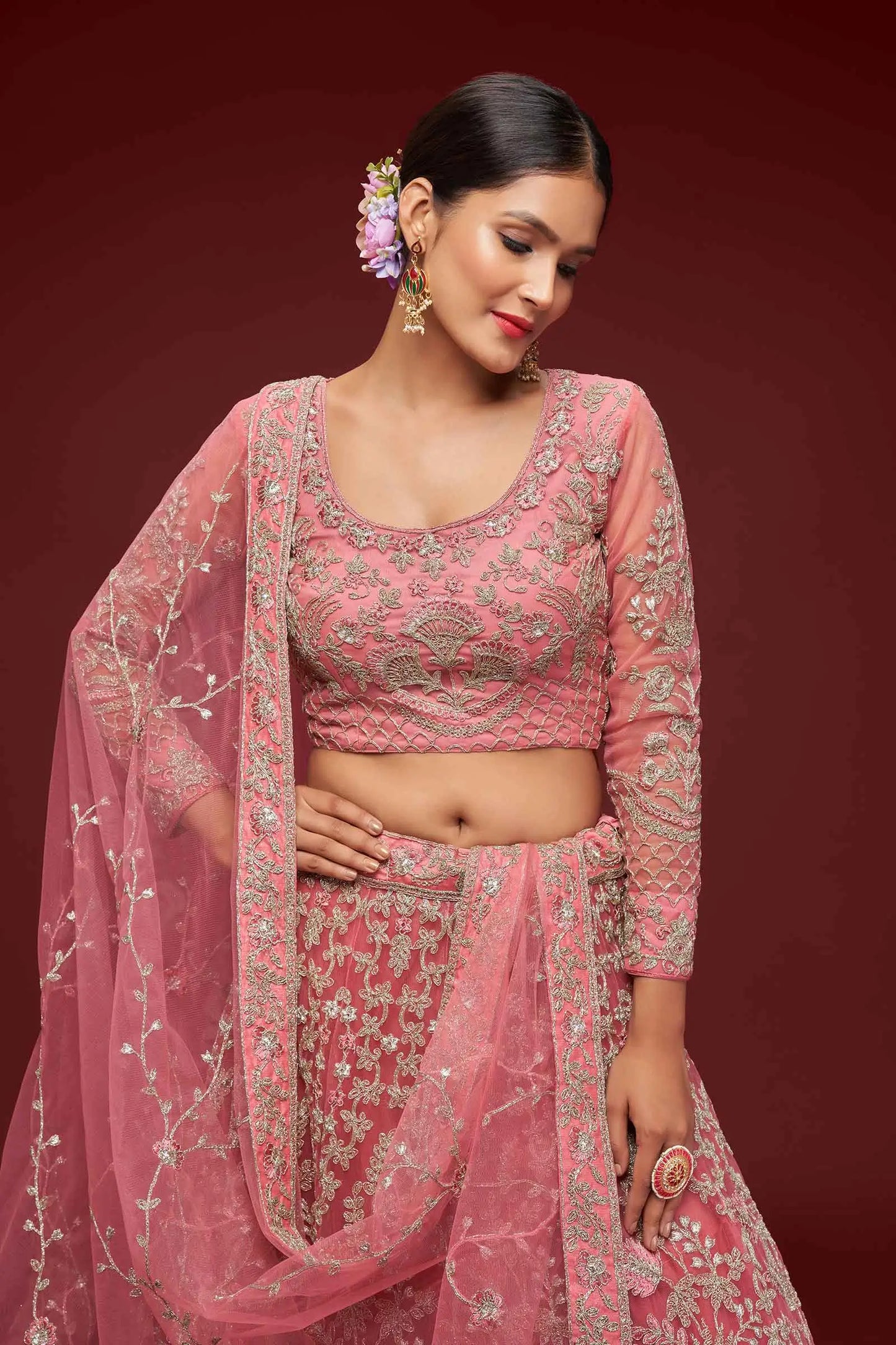 Fantasy Rose Soft Net Lehenga With Thread Zari Badla And Glitter Dori Embroidery Work