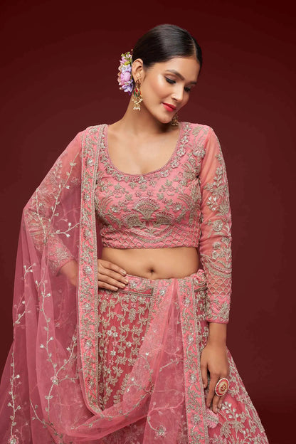 Fantasy Rose Soft Net Lehenga With Thread Zari Badla And Glitter Dori Embroidery Work