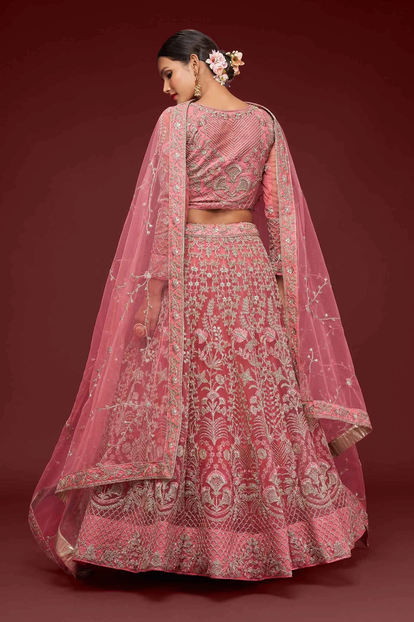 Fantasy Rose Soft Net Lehenga With Thread Zari Badla And Glitter Dori Embroidery Work