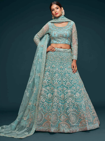 Ocean Aqua Soft Net Lehenga With Thread Zari Badla And Glitter Dori Embroidery Work