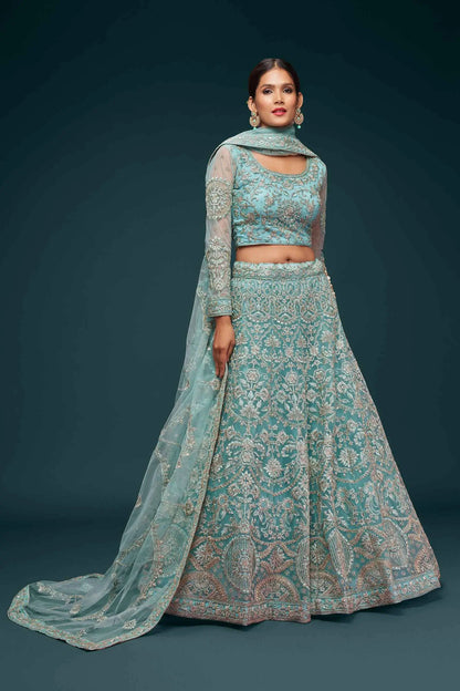 Ocean Aqua Soft Net Lehenga With Thread Zari Badla And Glitter Dori Embroidery Work