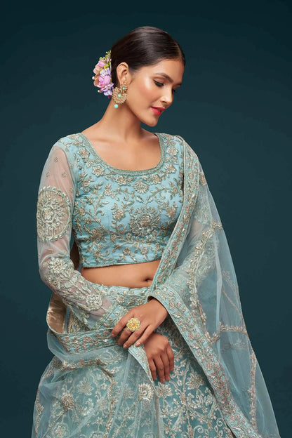 Ocean Aqua Soft Net Lehenga With Thread Zari Badla And Glitter Dori Embroidery Work