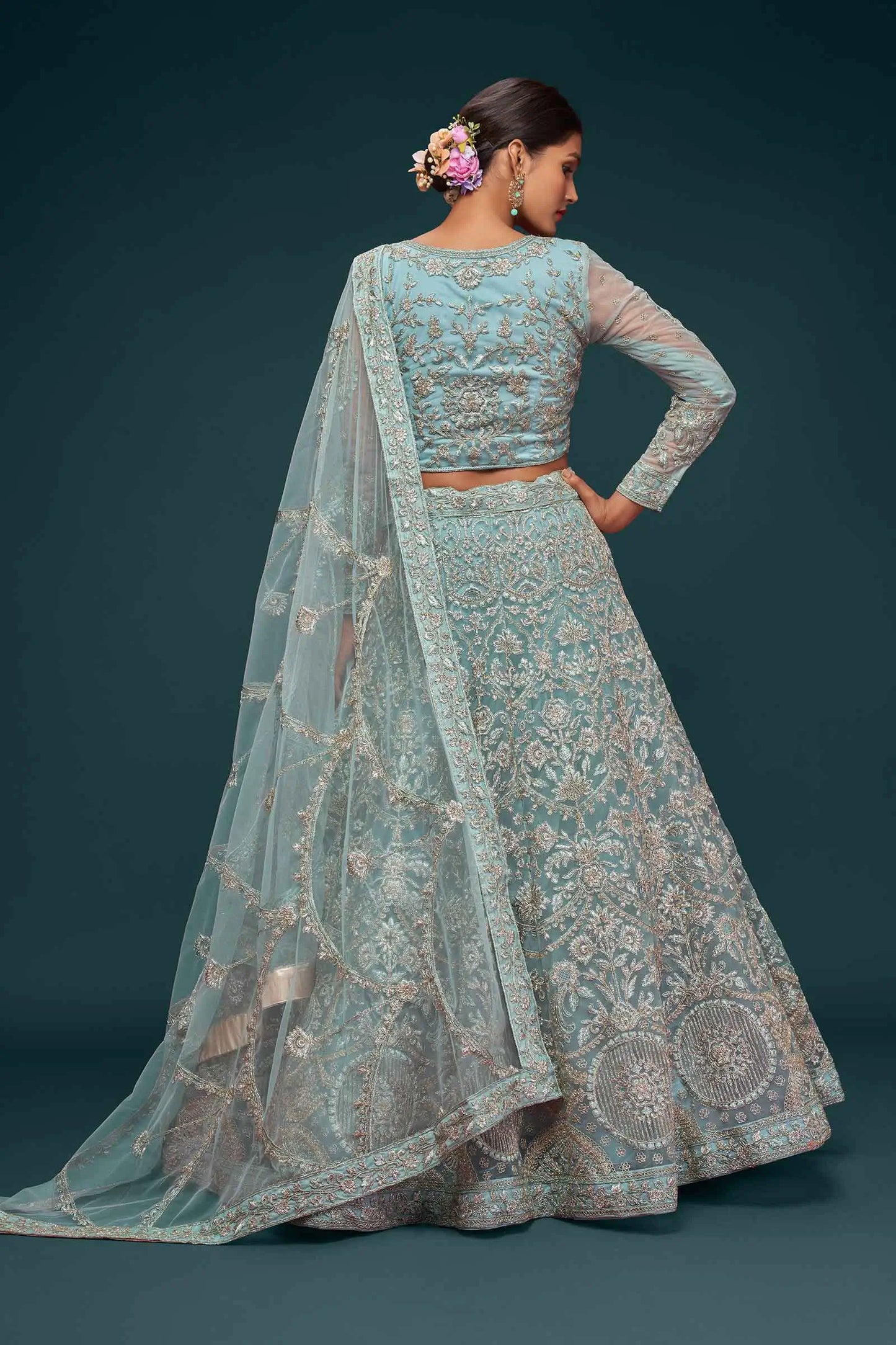 Ocean Aqua Soft Net Lehenga With Thread Zari Badla And Glitter Dori Embroidery Work