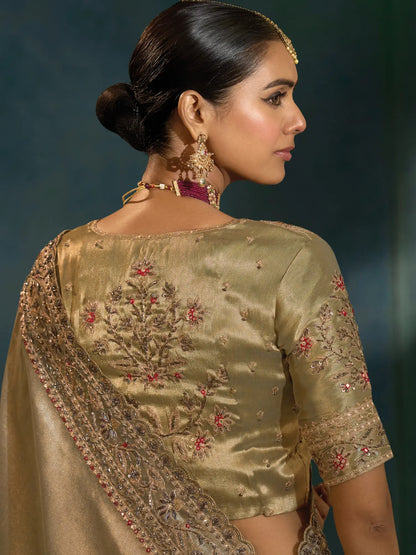 Shaded Olive Grey Heavy Embroidery & Hand Work Silk Saree