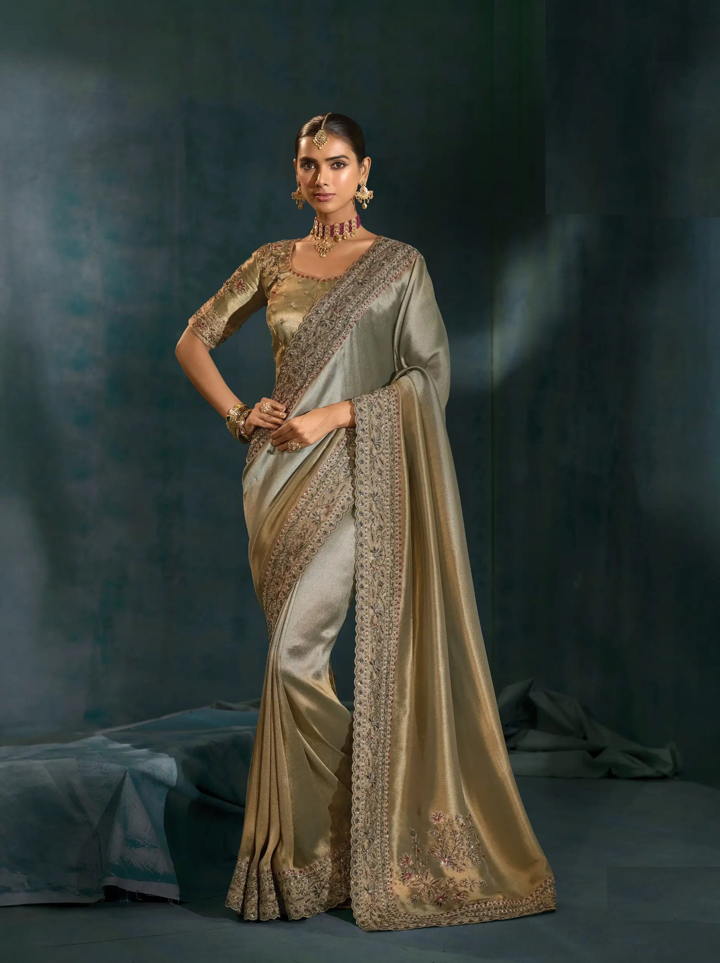 Shaded Olive Grey Heavy Embroidery & Hand Work Silk Saree