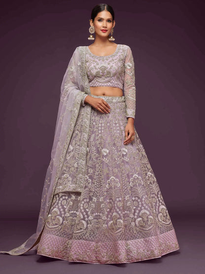 Dusky Orchid Soft Net Lehenga With Thread Zari Badla And Glitter Dori Embroidery Work