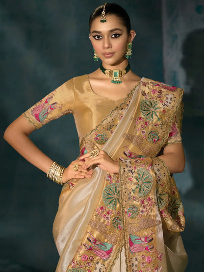 Shiney Beige Heavy Embroidery & Hand Work Silk Saree