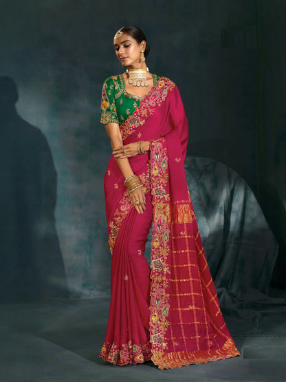 Rani Pink Heavy Embroidery & Hand Work Silk Saree