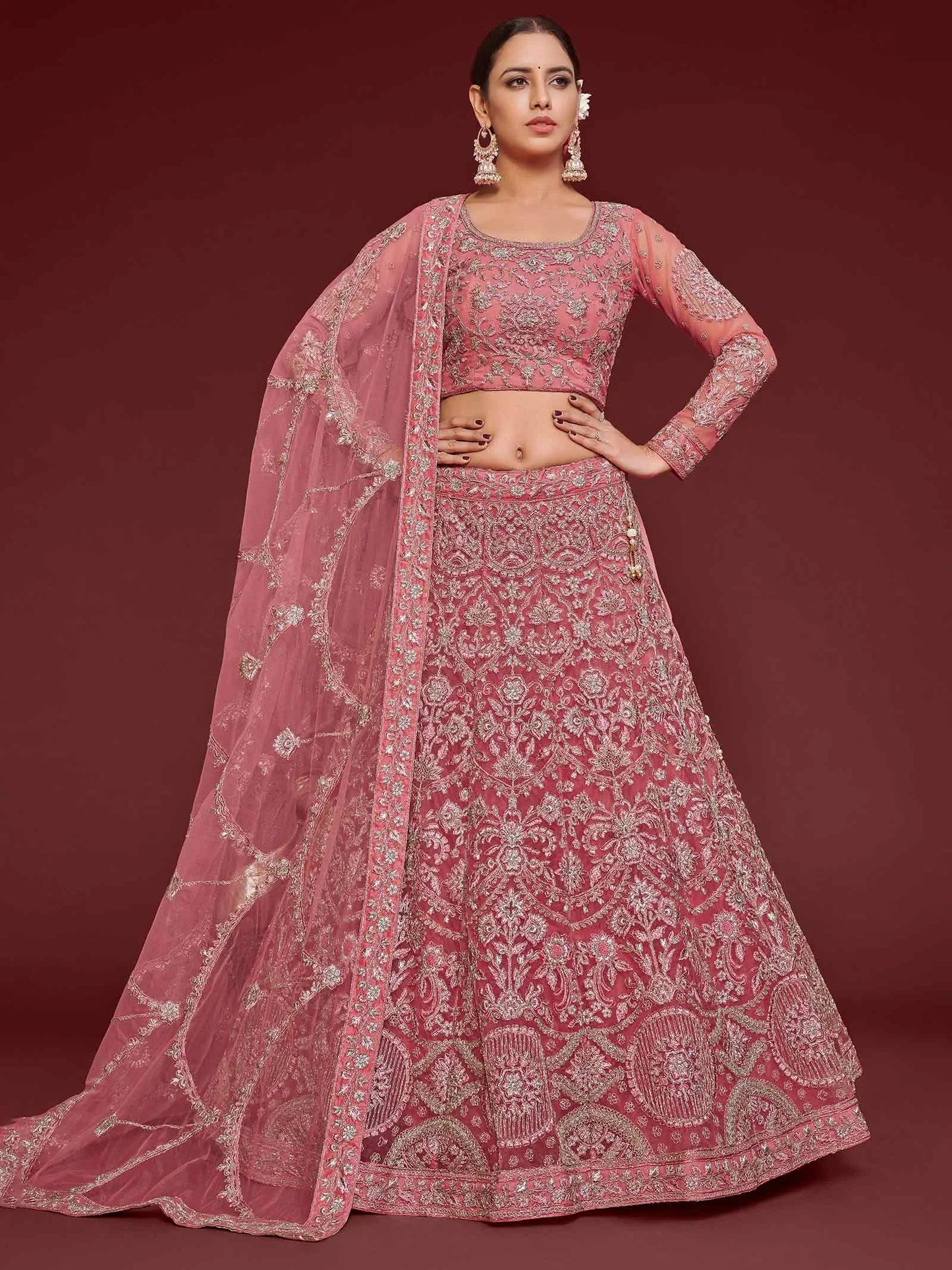 Fnatasy Rose Thread Zari Badla And Glitter Dori Embroidery Work Soft Net Lehenga Choli