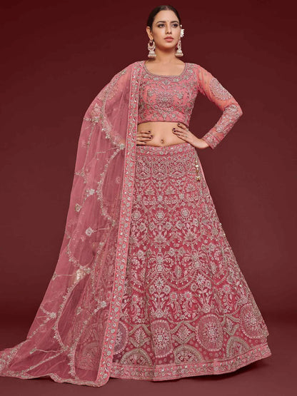 Fnatasy Rose Thread Zari Badla And Glitter Dori Embroidery Work Soft Net Lehenga Choli