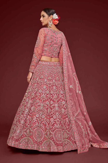 Fnatasy Rose Thread Zari Badla And Glitter Dori Embroidery Work Soft Net Lehenga Choli