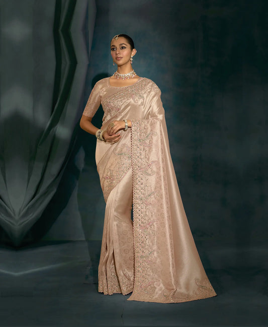 Powder Pink Heavy Embroidery & Hand Work Silk Saree