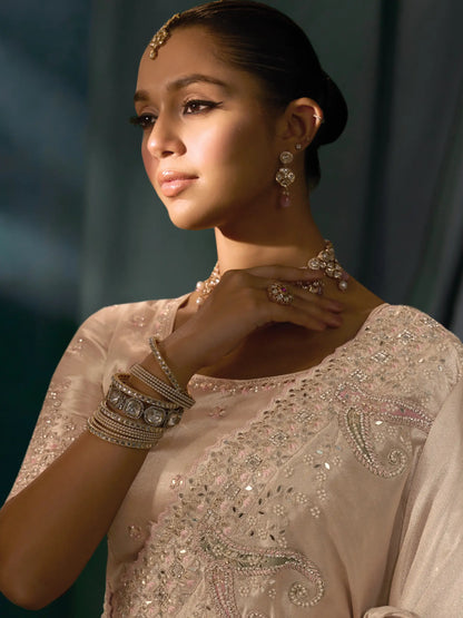 Powder Pink Heavy Embroidery & Hand Work Silk Saree